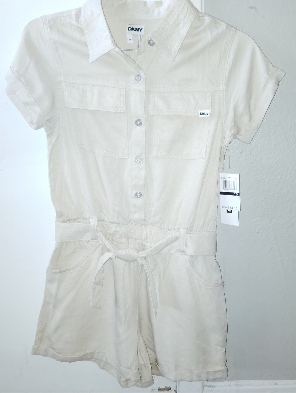 DKNY Cream Short-Sleeve Tie-Waist Romper